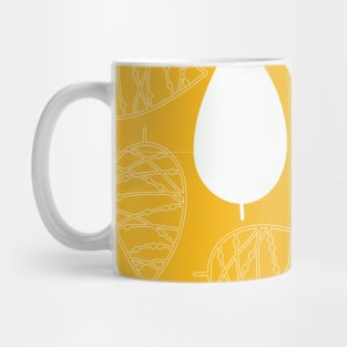 Abstract doodle leaves white on a gold background. Mug